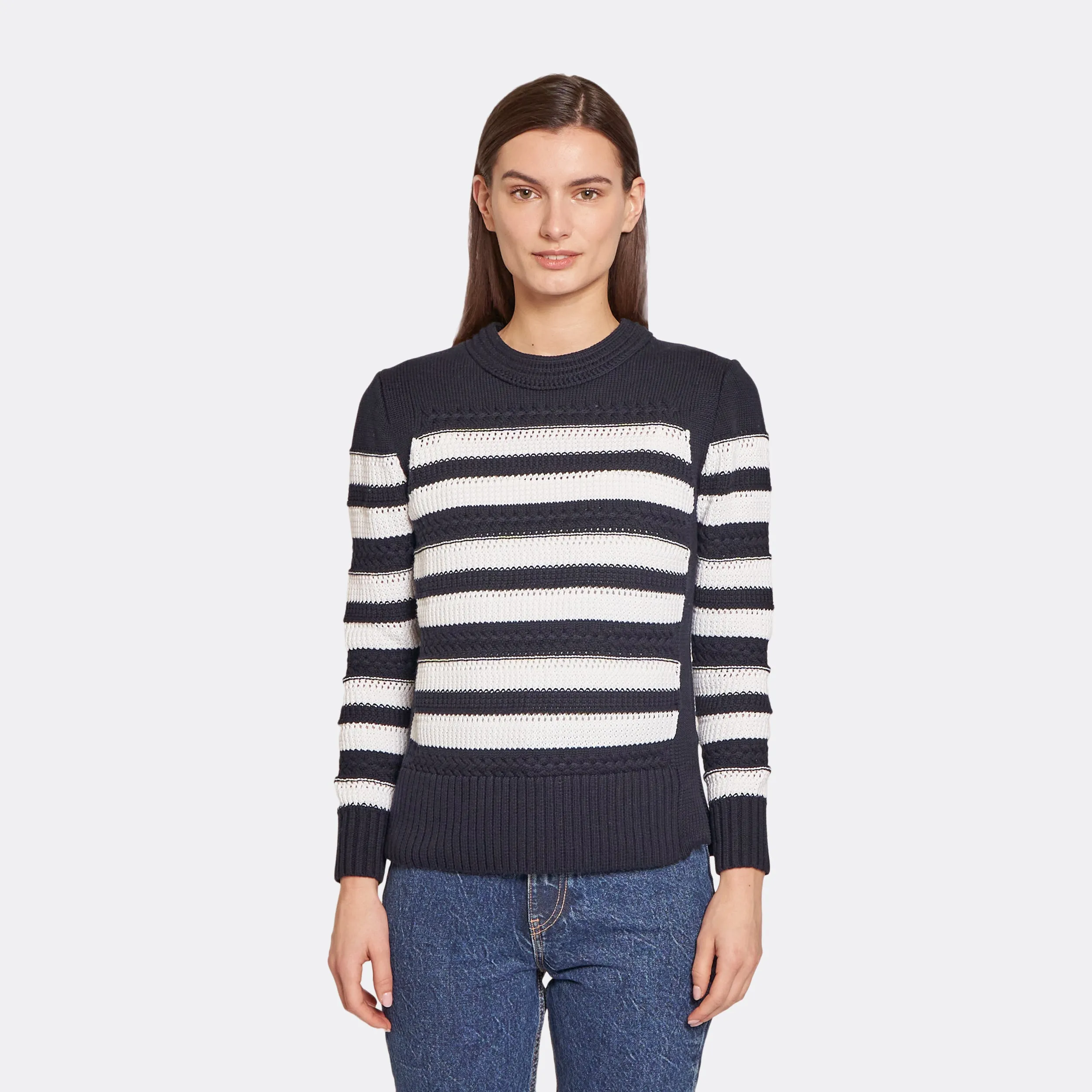 Mixed Stitch Stripe Crew in Navy/Bleach sold by Autumn Cashmere