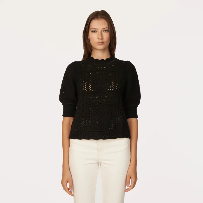 Puff Sleeve Tile Stitch Mock in Black sold by Autumn Cashmere