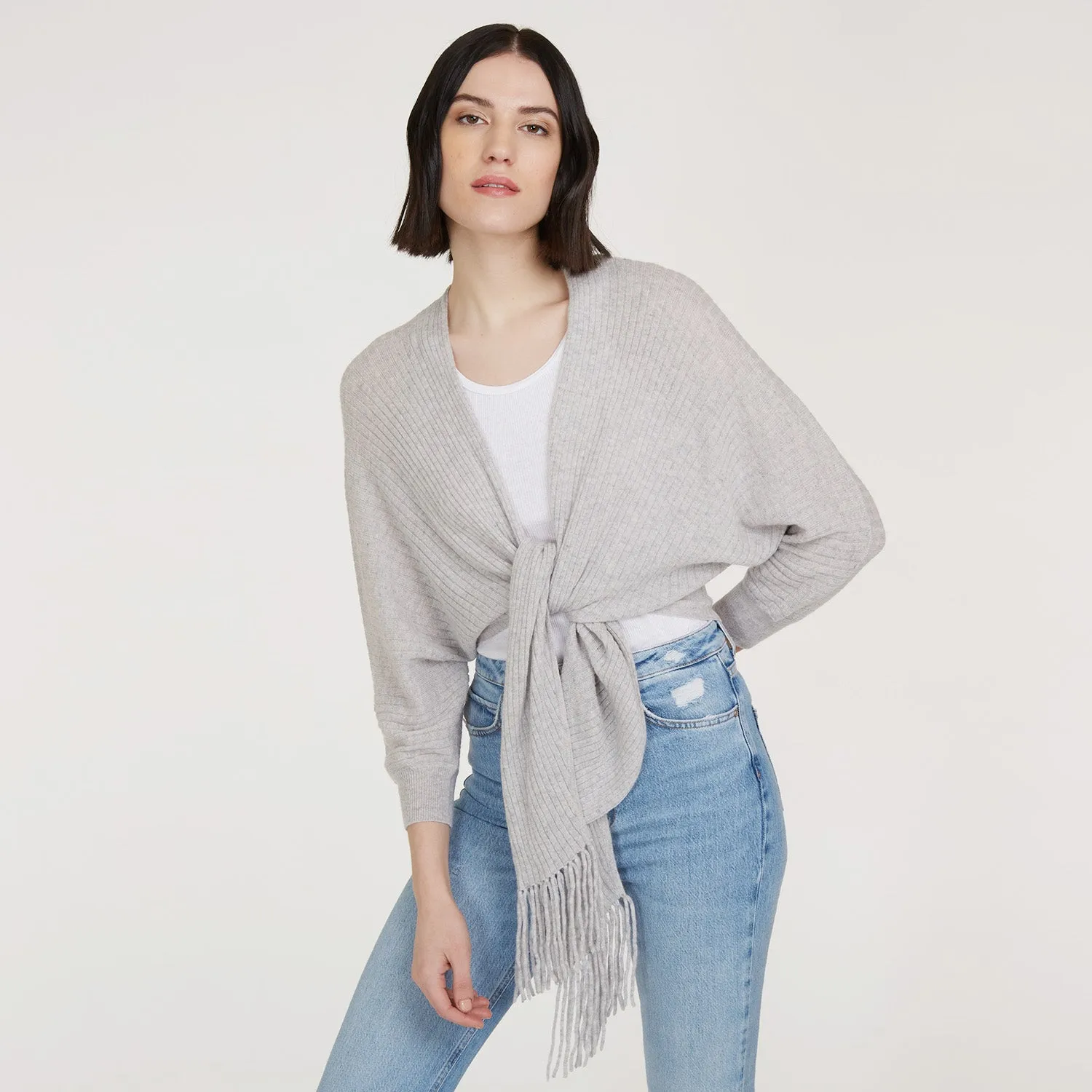 Rib Fringed Tie Front Dolman in Fog sold by Autumn Cashmere product image thumbnail 2