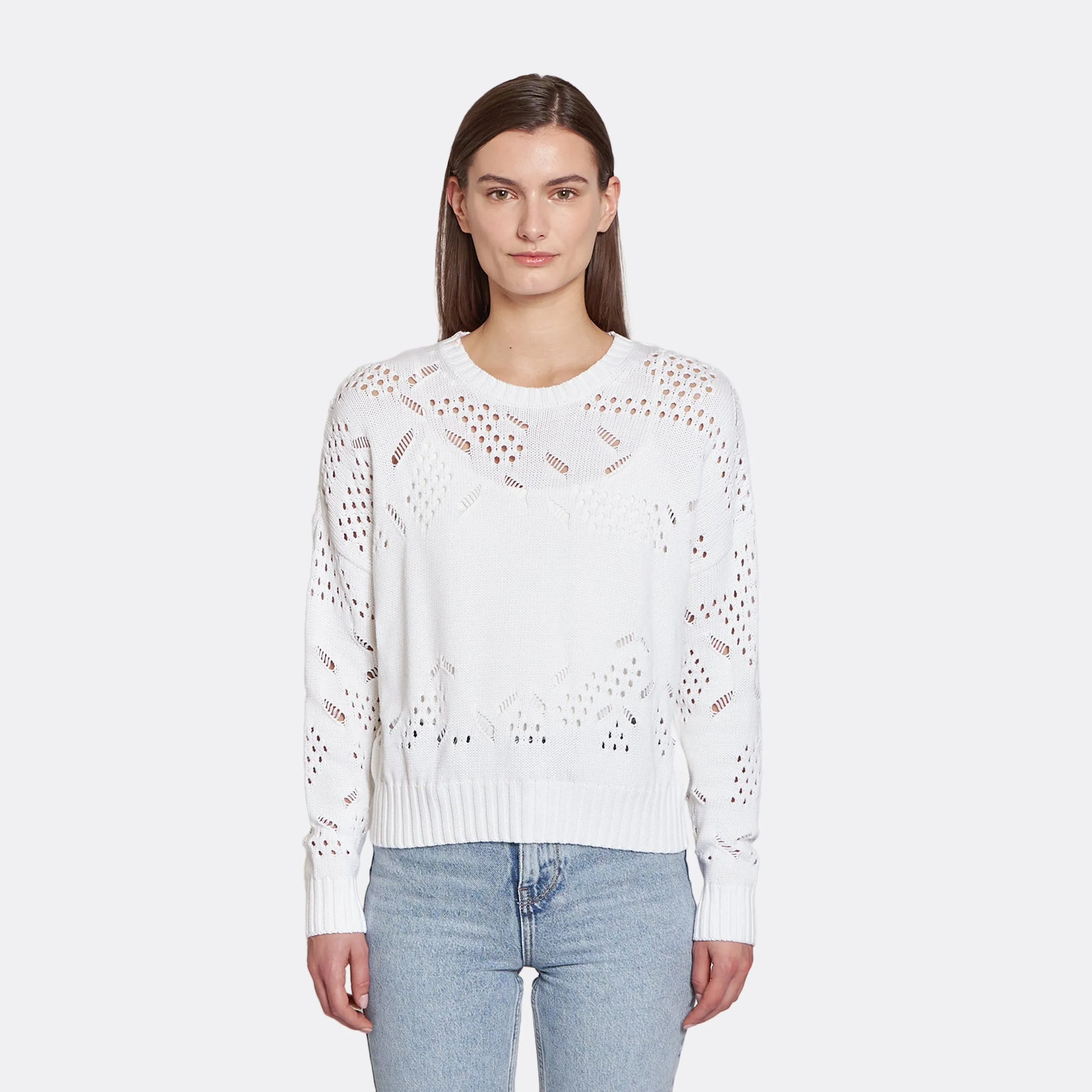 Open Ladder Stitch Boxy Crew in Bleach White sold by Autumn Cashmere
