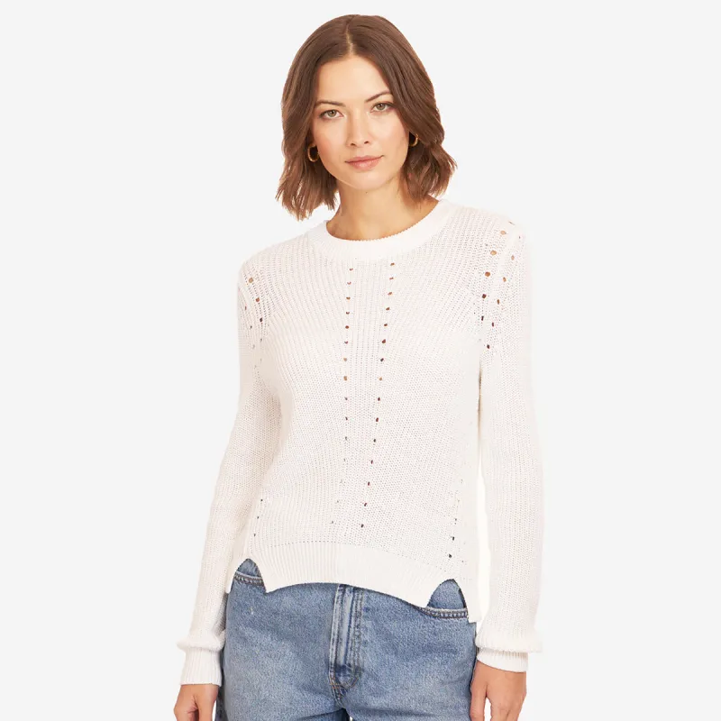 L/S Shaker Crewneck Pointelle Details in White sold by Autumn Cashmere