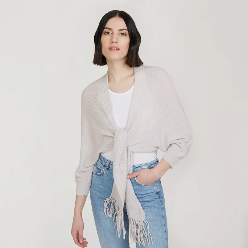 Rib Fringed Tie Front Dolman in Birch sold by Autumn Cashmere