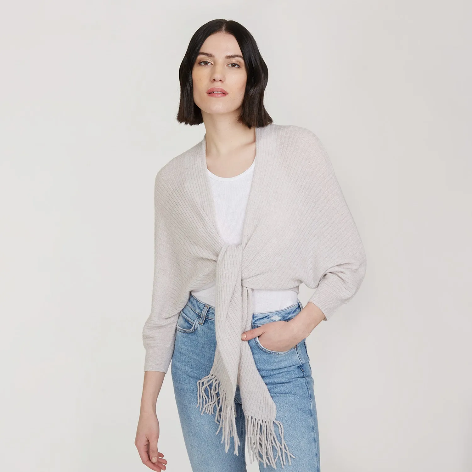 Rib Fringed Tie Front Dolman in Birch sold by Autumn Cashmere