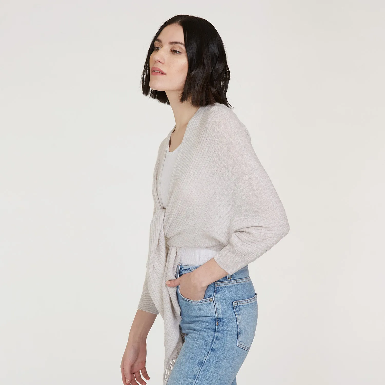 Rib Fringed Tie Front Dolman in Birch sold by Autumn Cashmere product image thumbnail 2