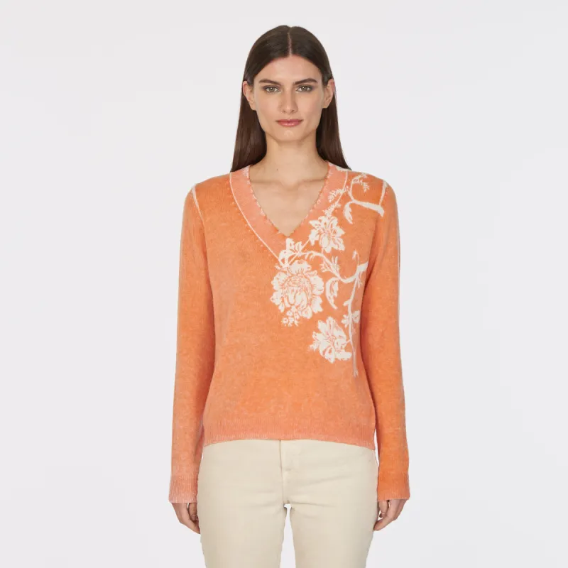 Inked Asymmetric Floral V-Neck made by Autumn Cashmere