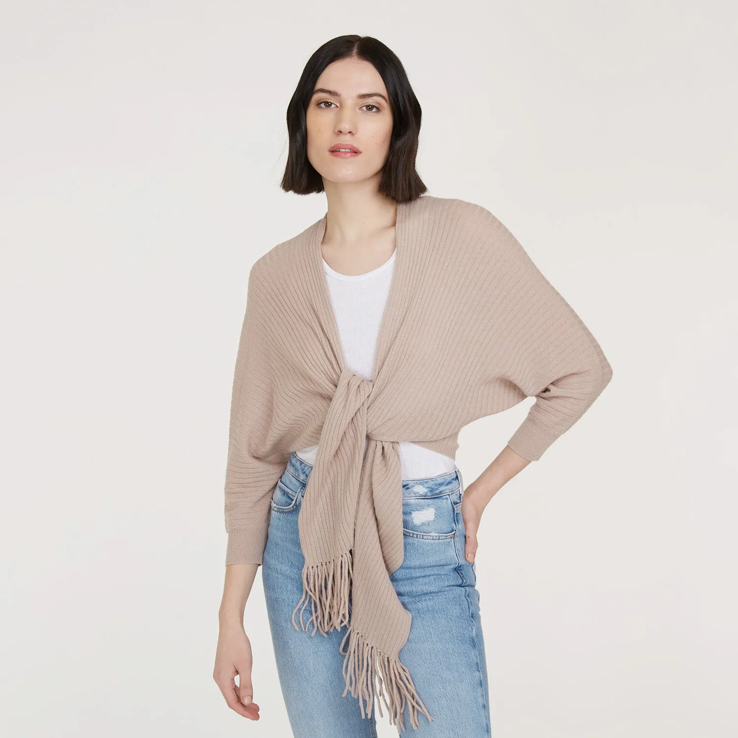 Rib Fringed Tie Front Dolman in Fawn sold by Autumn Cashmere product image thumbnail 3