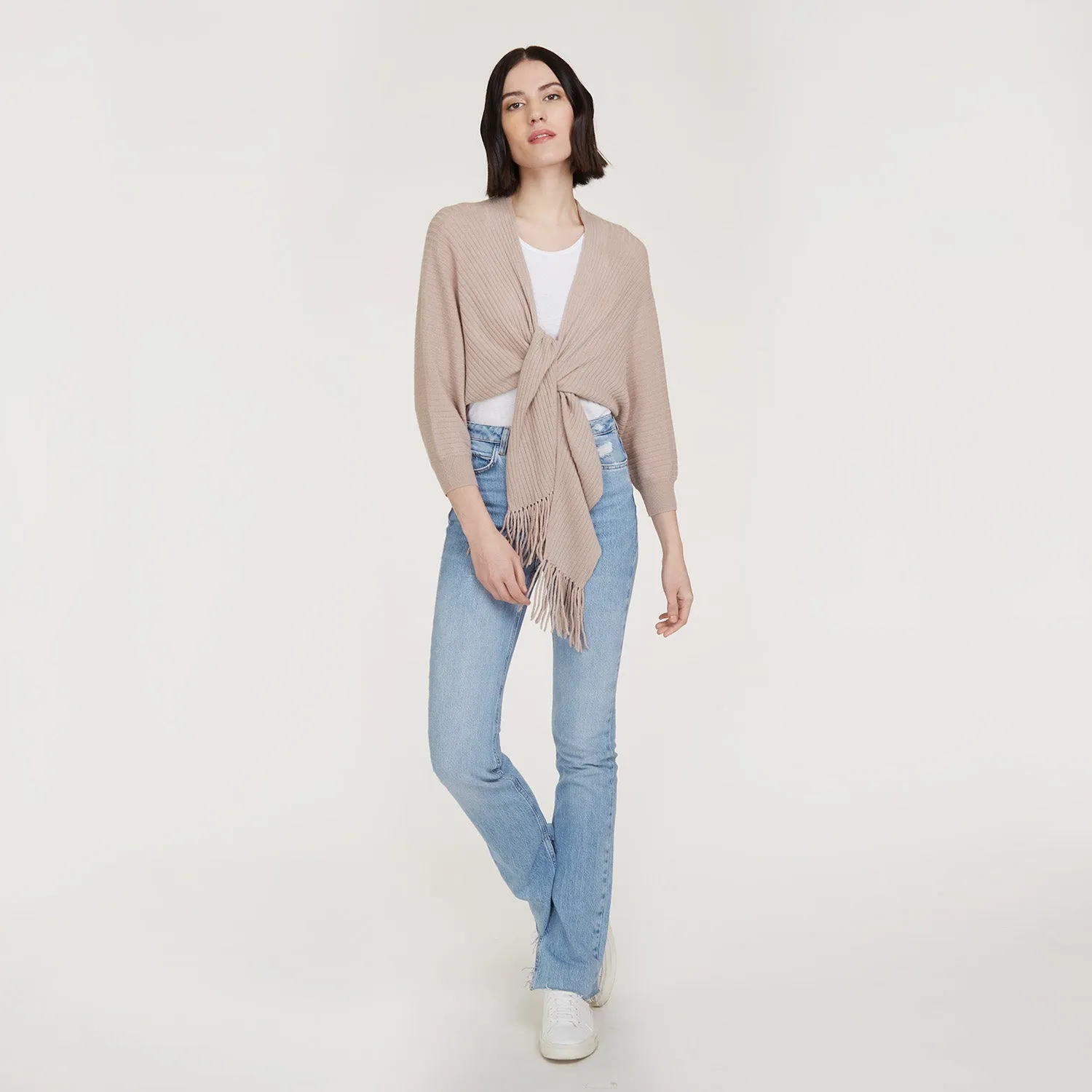 Rib Fringed Tie Front Dolman in Fawn sold by Autumn Cashmere product image thumbnail 5