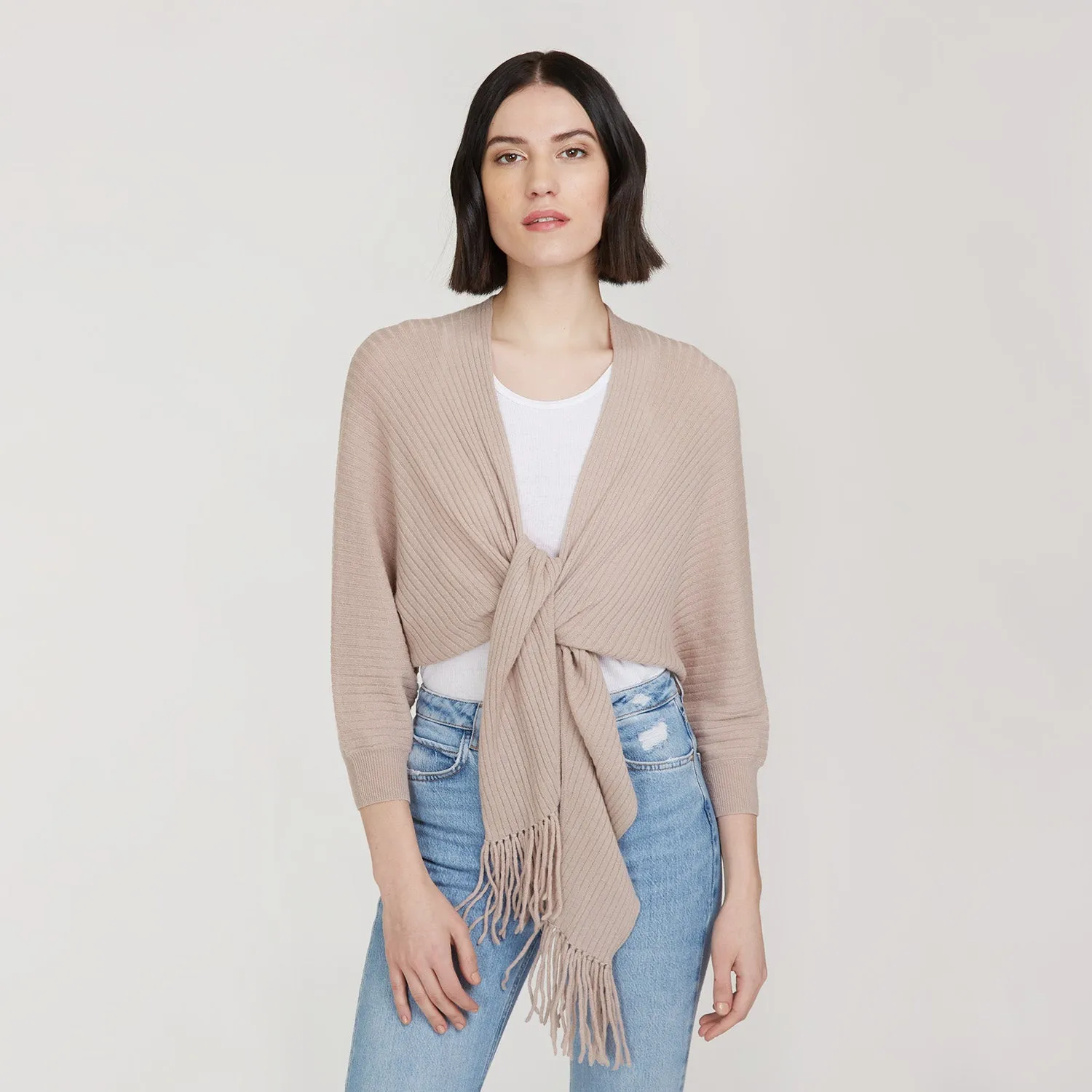 Rib Fringed Tie Front Dolman in Fawn sold by Autumn Cashmere