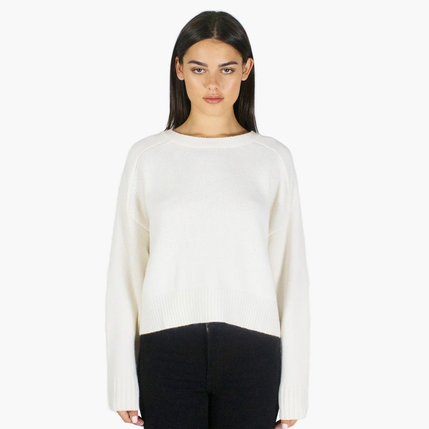 Cropped Boxy Crew Back Yoke in Snow sold by Autumn Cashmere
