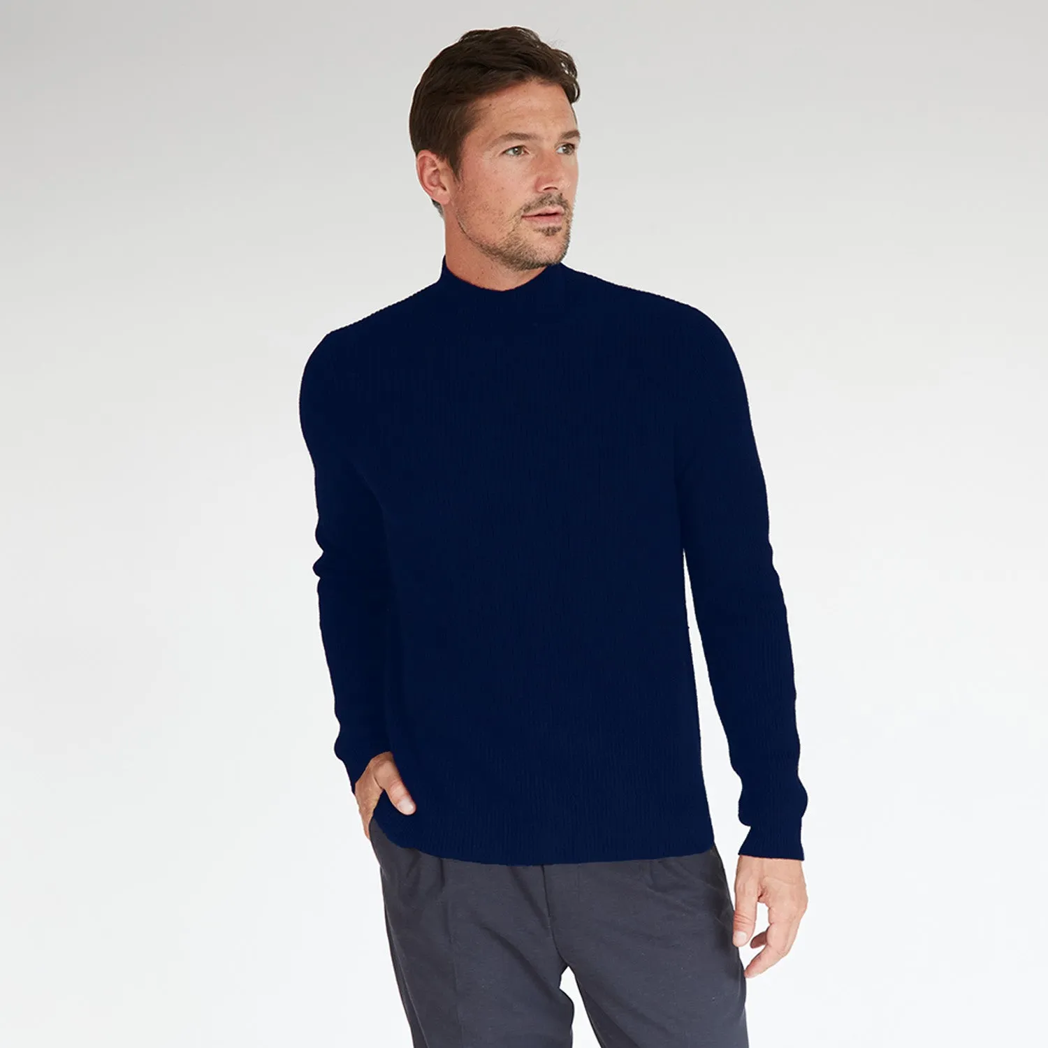 Mock Neck with Shaker Stitch in Navy sold by Autumn Cashmere