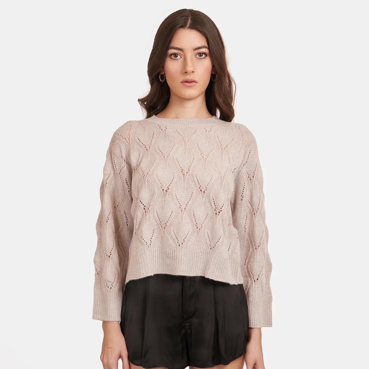 Leaf Pointelle Cropped Boxy Crew in Birch sold by Autumn Cashmere