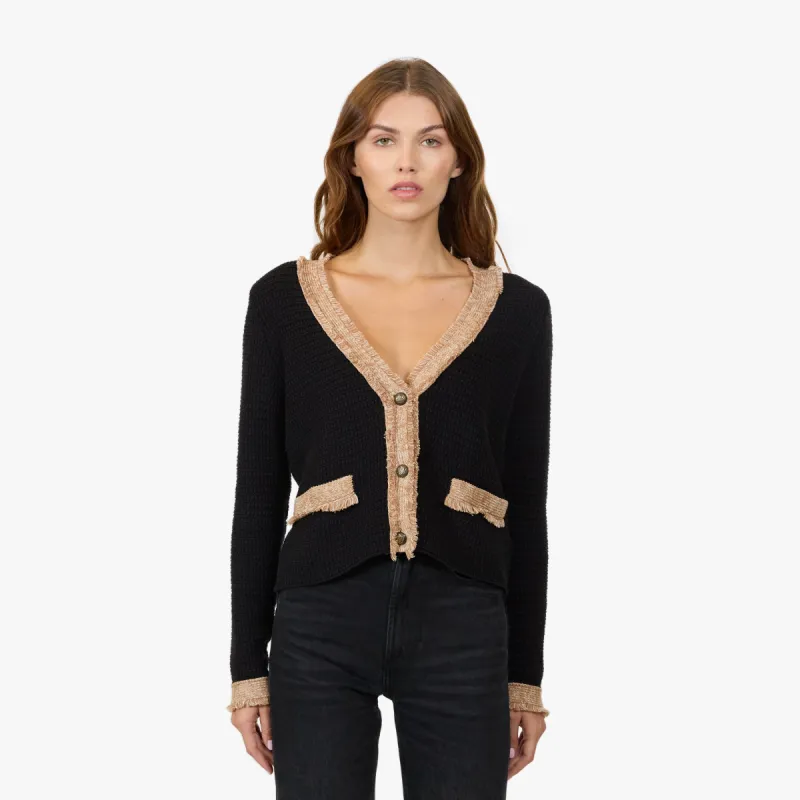Fringed Trimmed V-Neck Jacket in Black Combo sold by Autumn Cashmere
