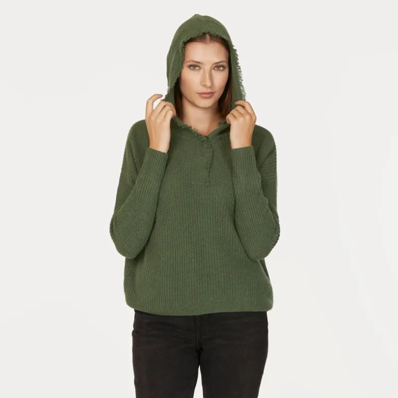 Boxy Shaker Fringe Hoodie W/ Snaps in Pickle sold by Autumn Cashmere