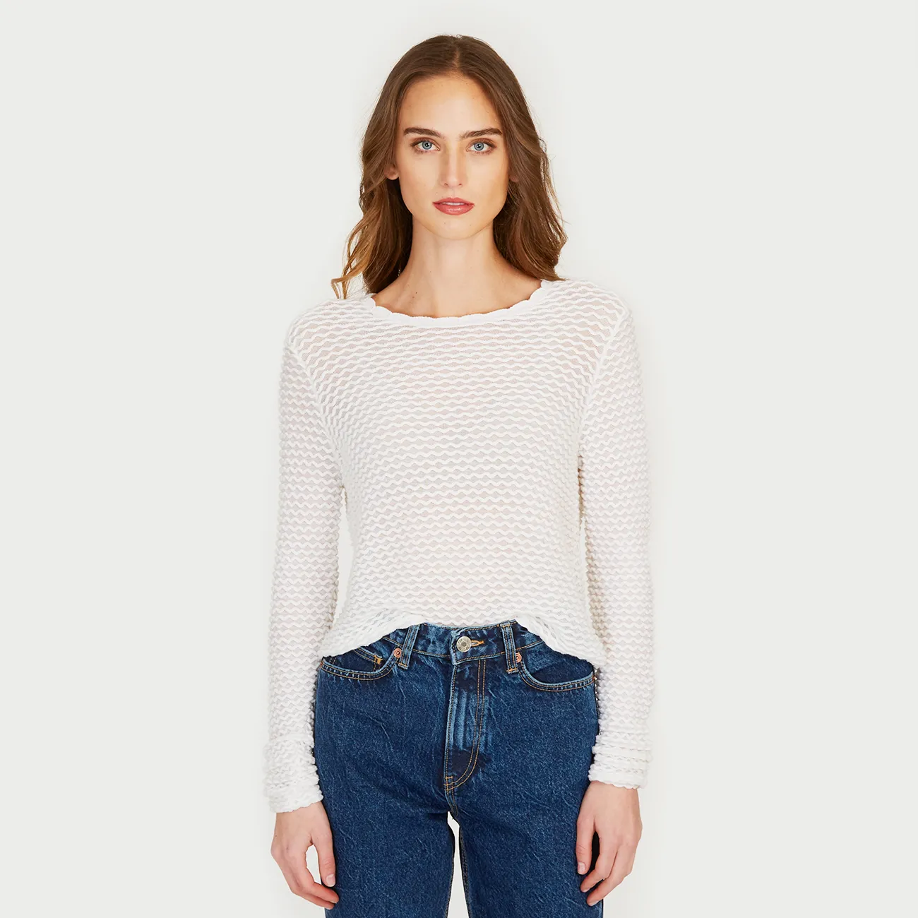 Shadow Diamond Pattern Crew in White sold by Autumn Cashmere