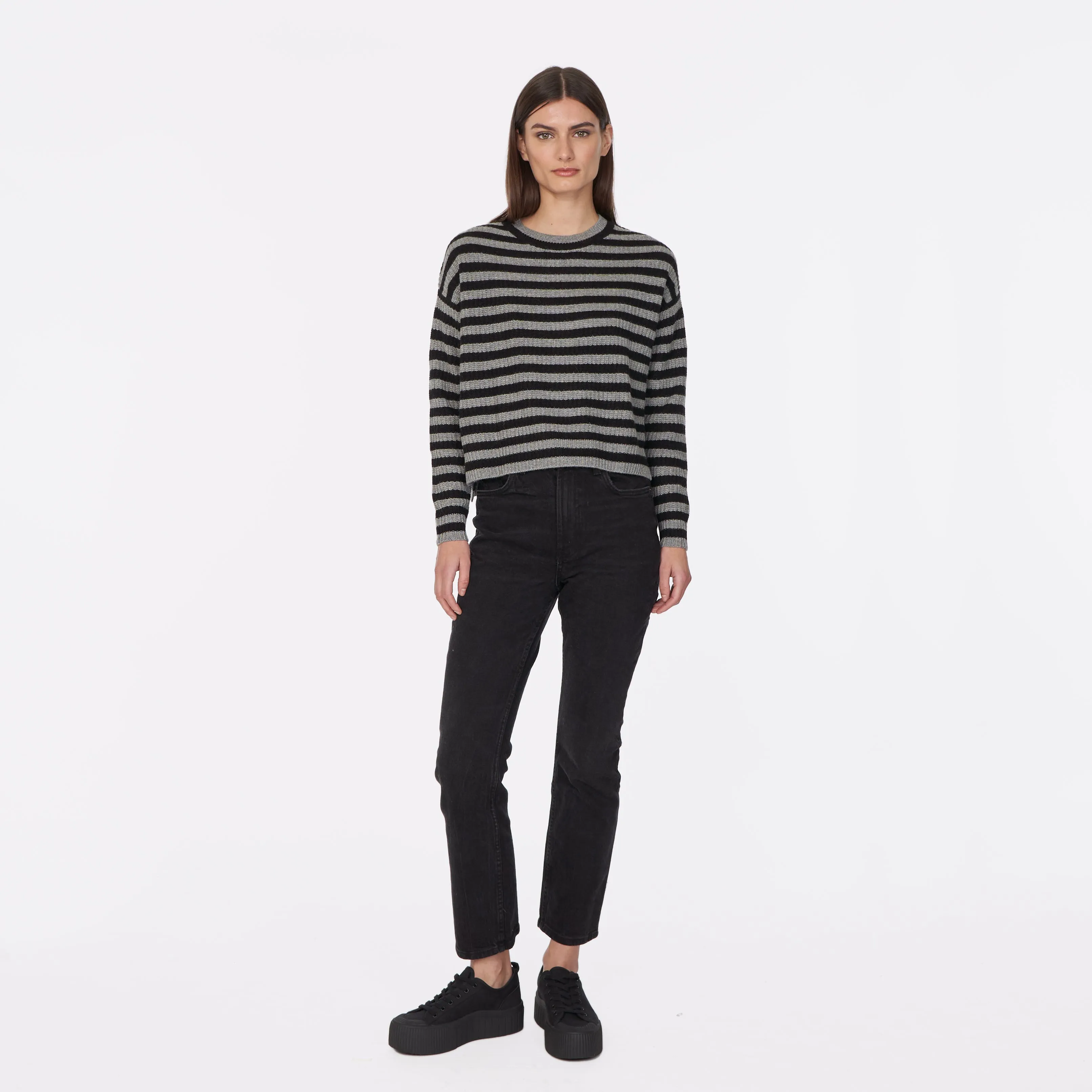 6 Ply Striped Shaker Crew in Cement/Black sold by Autumn Cashmere product image thumbnail 2