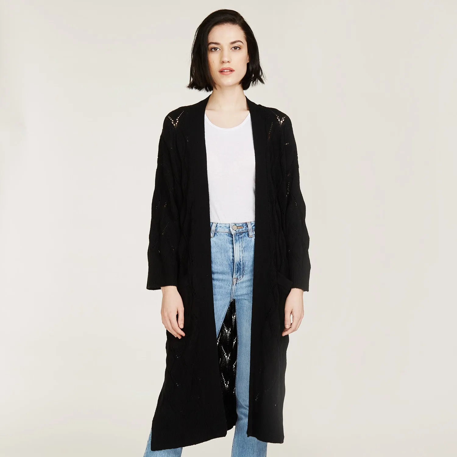 Leaf Pointelle Open Cardigan in Black sold by Autumn Cashmere