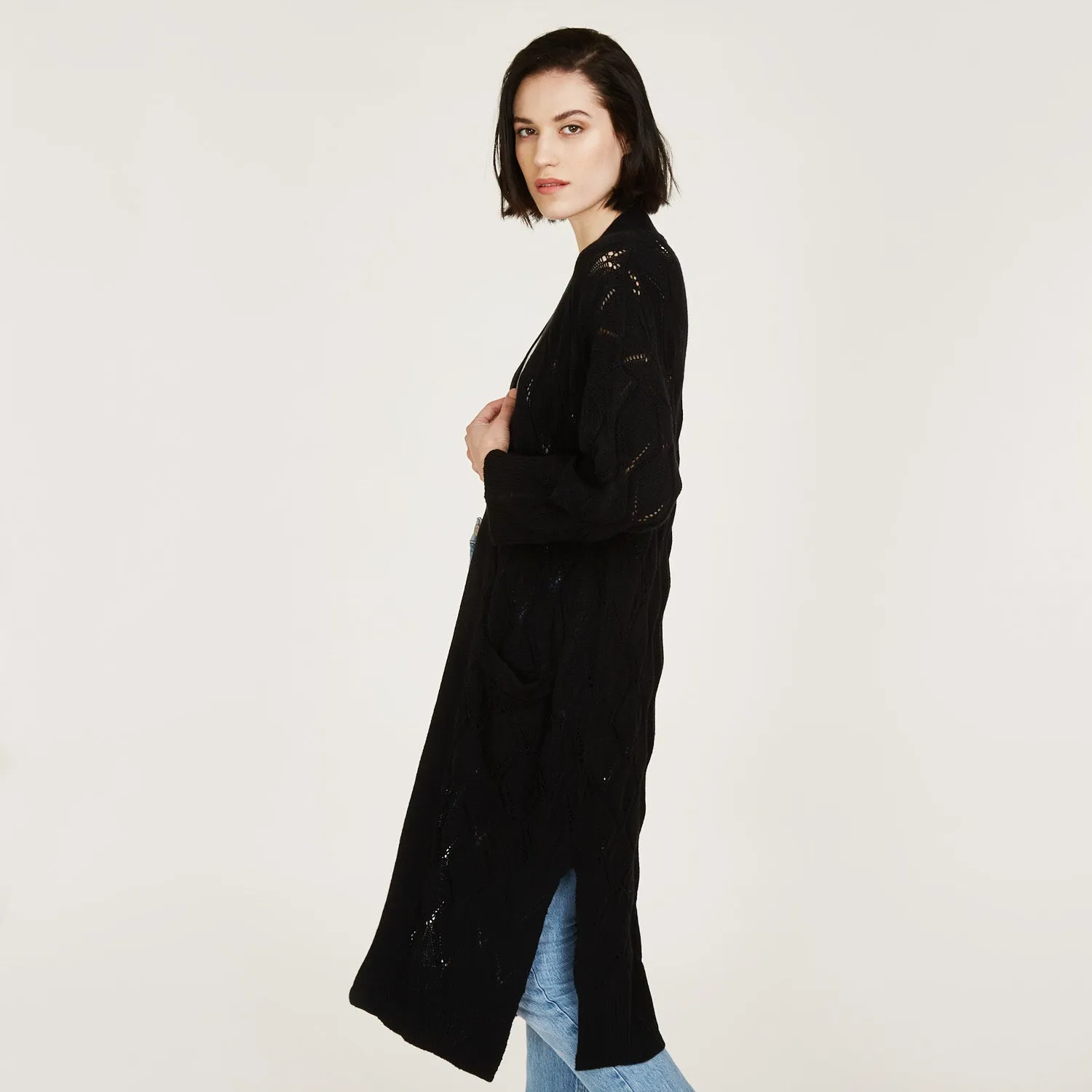 Leaf Pointelle Open Cardigan in Black sold by Autumn Cashmere product image thumbnail 3