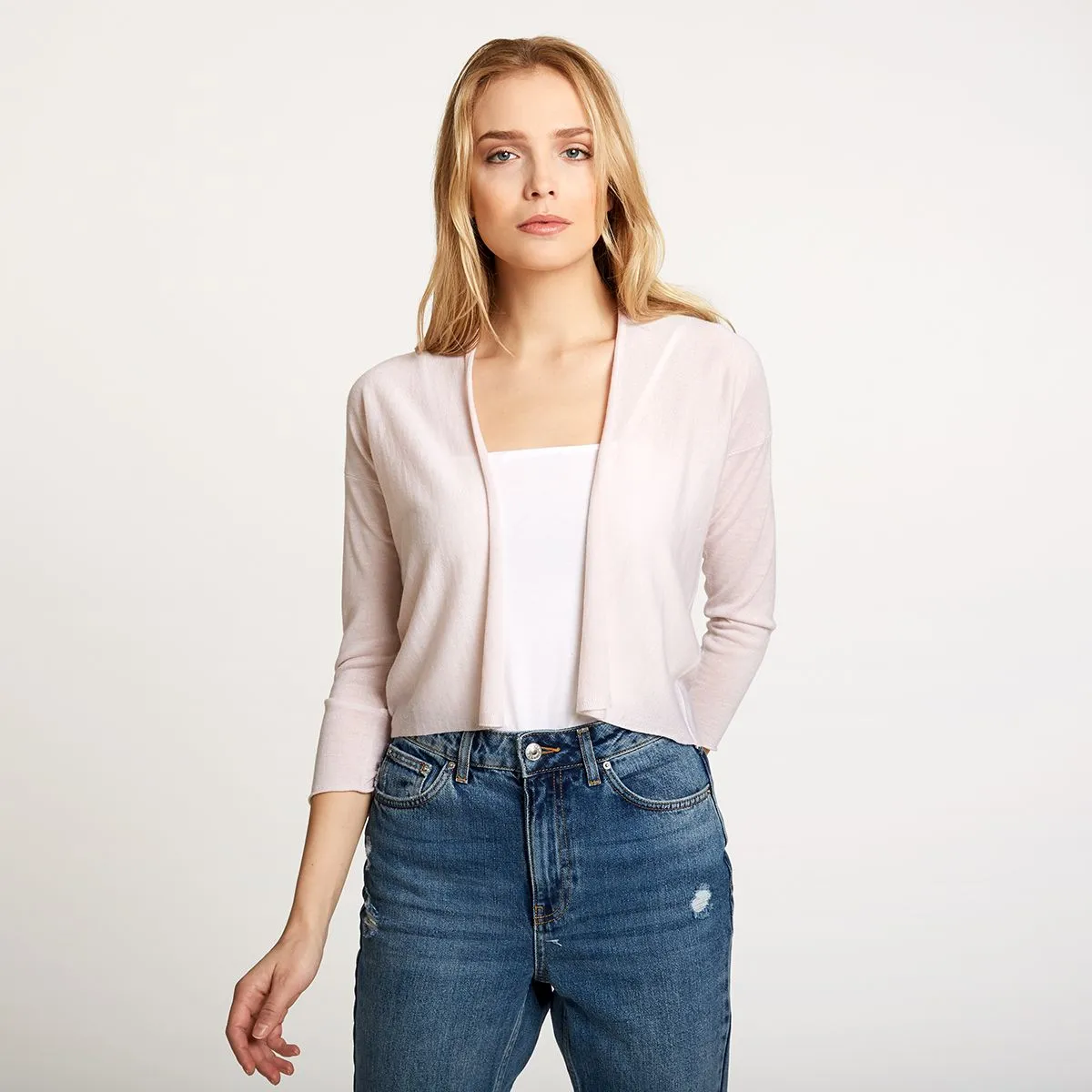 Easy Crop Cardigan in Toeshoe Pink sold by Autumn Cashmere