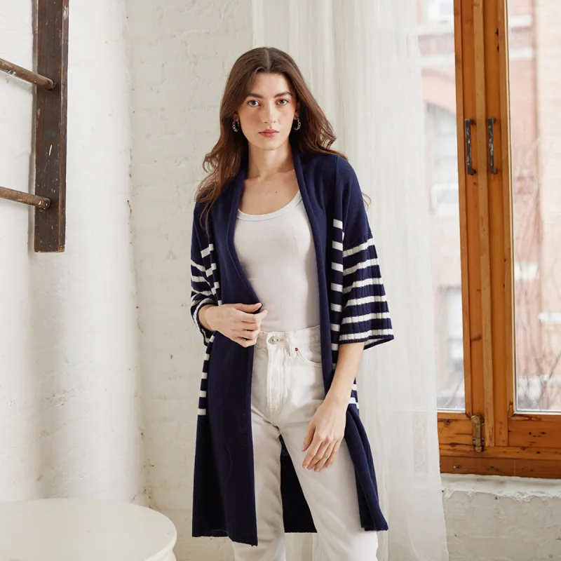 Breton Stripe Shawl Collar Throw in Navy White sold by Autumn Cashmere