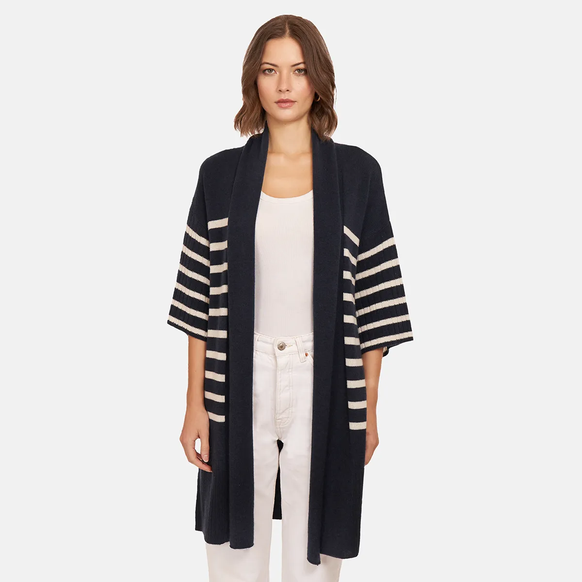 Breton Stripe Shawl Collar Throw in Navy White sold by Autumn Cashmere product image thumbnail 3
