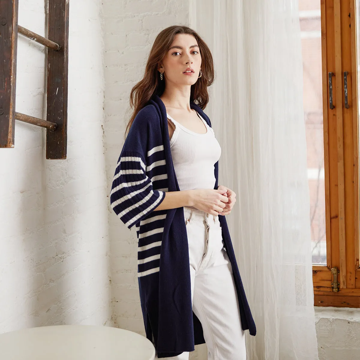 Breton Stripe Shawl Collar Throw in Navy White sold by Autumn Cashmere product image thumbnail 2
