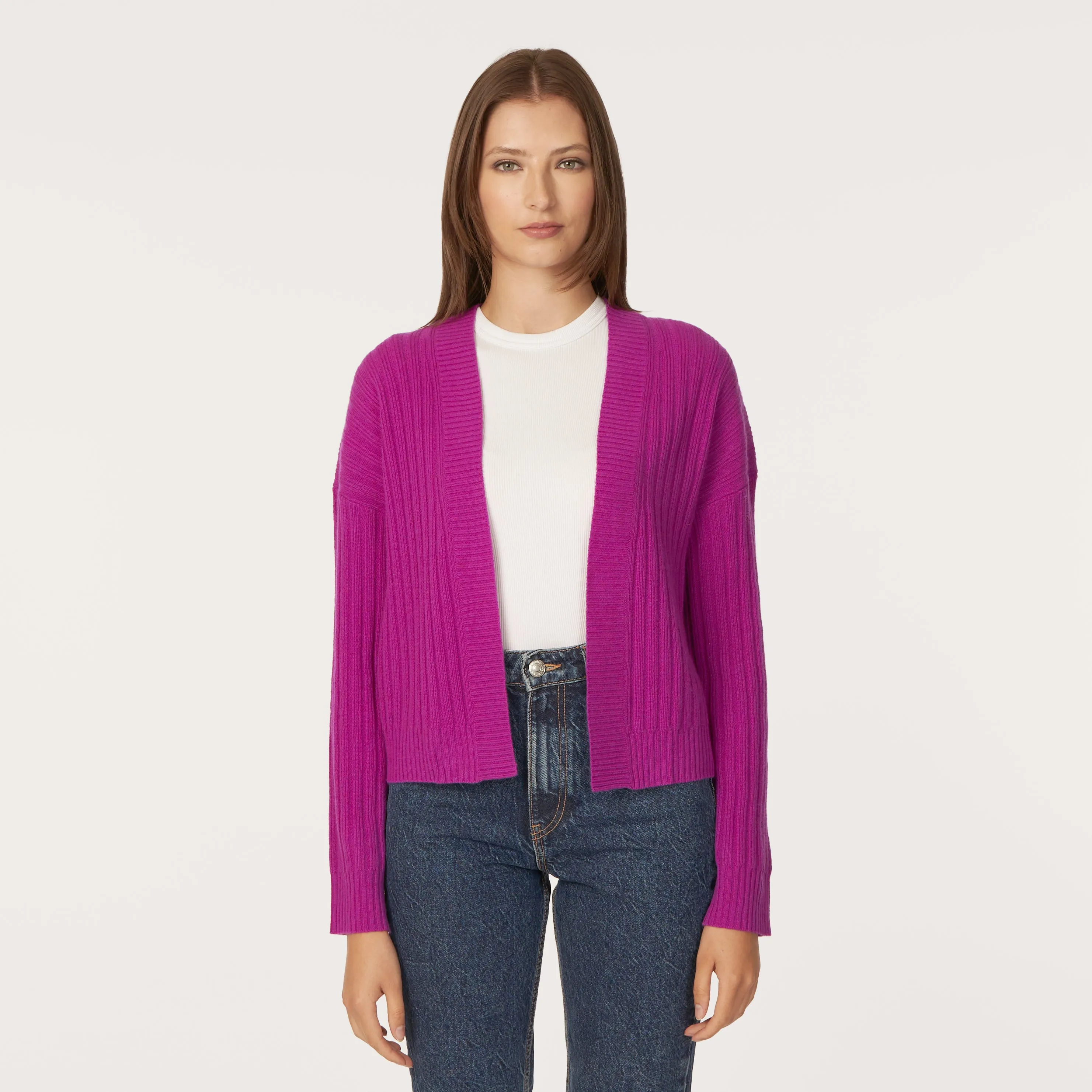 Rib Open Front Shrug in Hollyhock sold by Autumn Cashmere