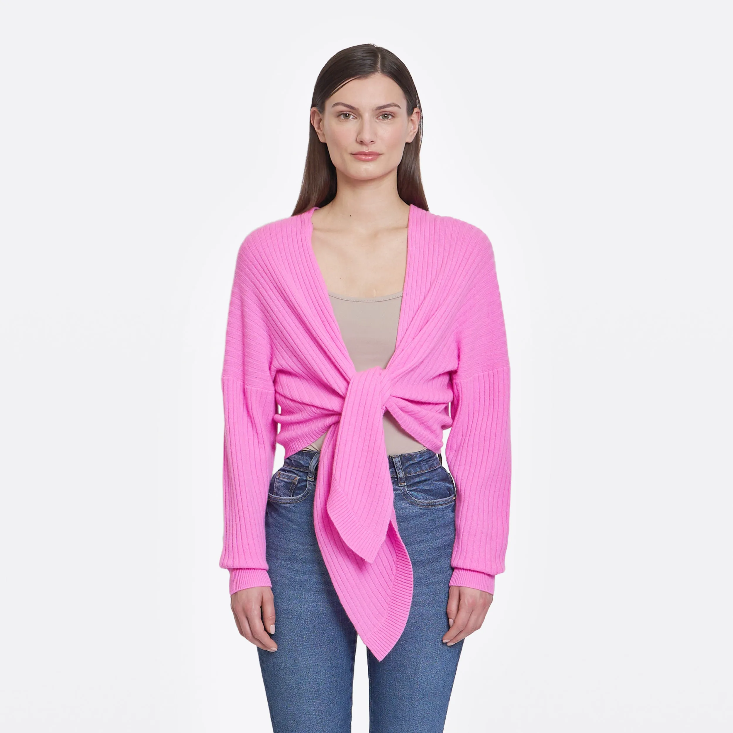 Tie Front Rib Cardigan in Raspberry sold by Autumn Cashmere