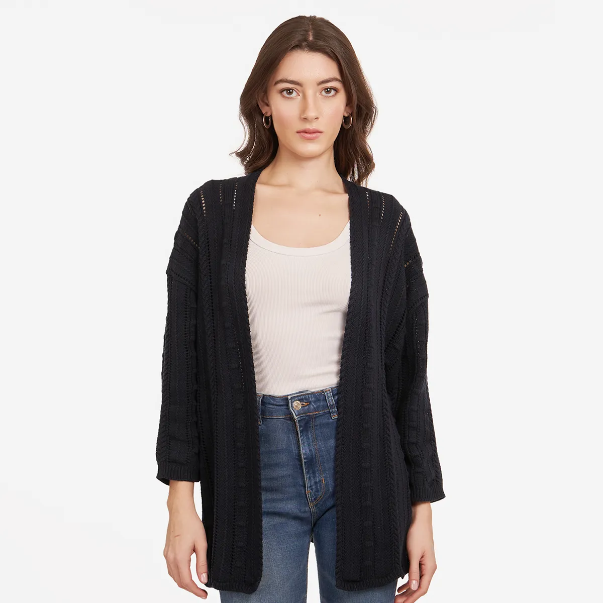 Open Pointelle Duster in Navy Blue sold by Autumn Cashmere
