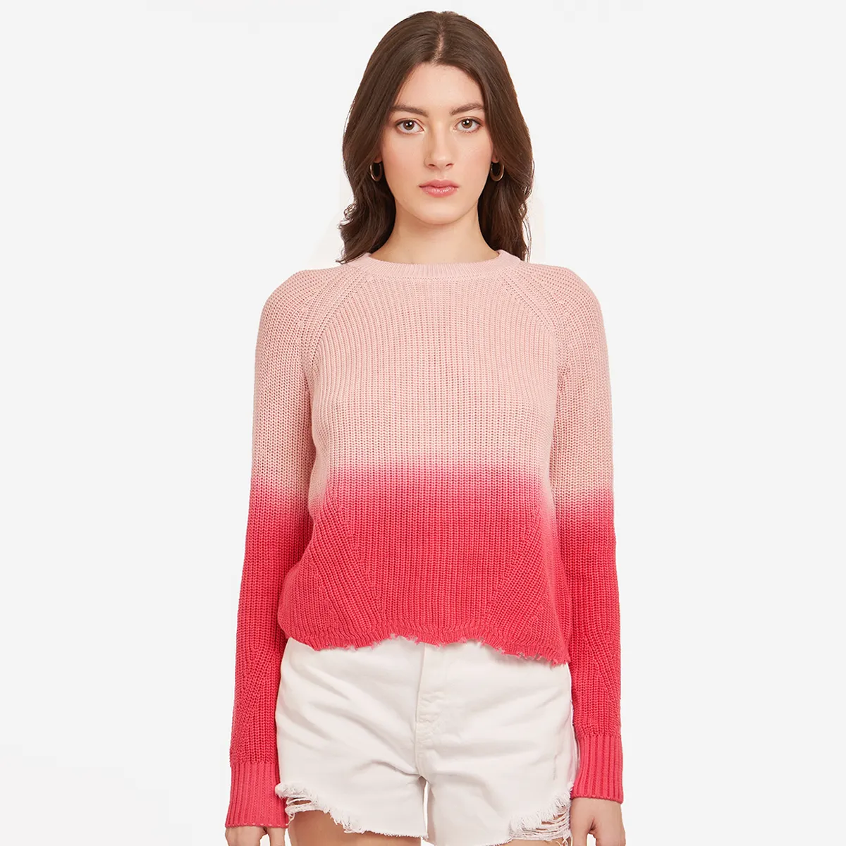 Dip Dye Scallop Shaker Crew in Pink Rose sold by Autumn Cashmere