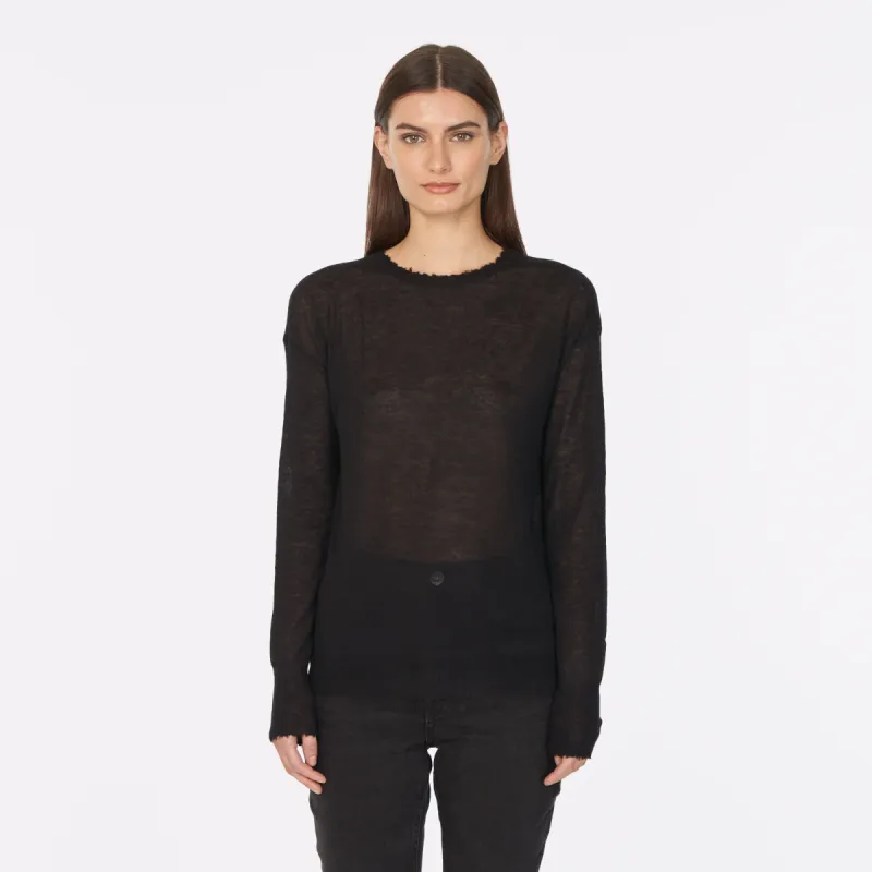 Distressed Sheer Crew in Black sold by Autumn Cashmere