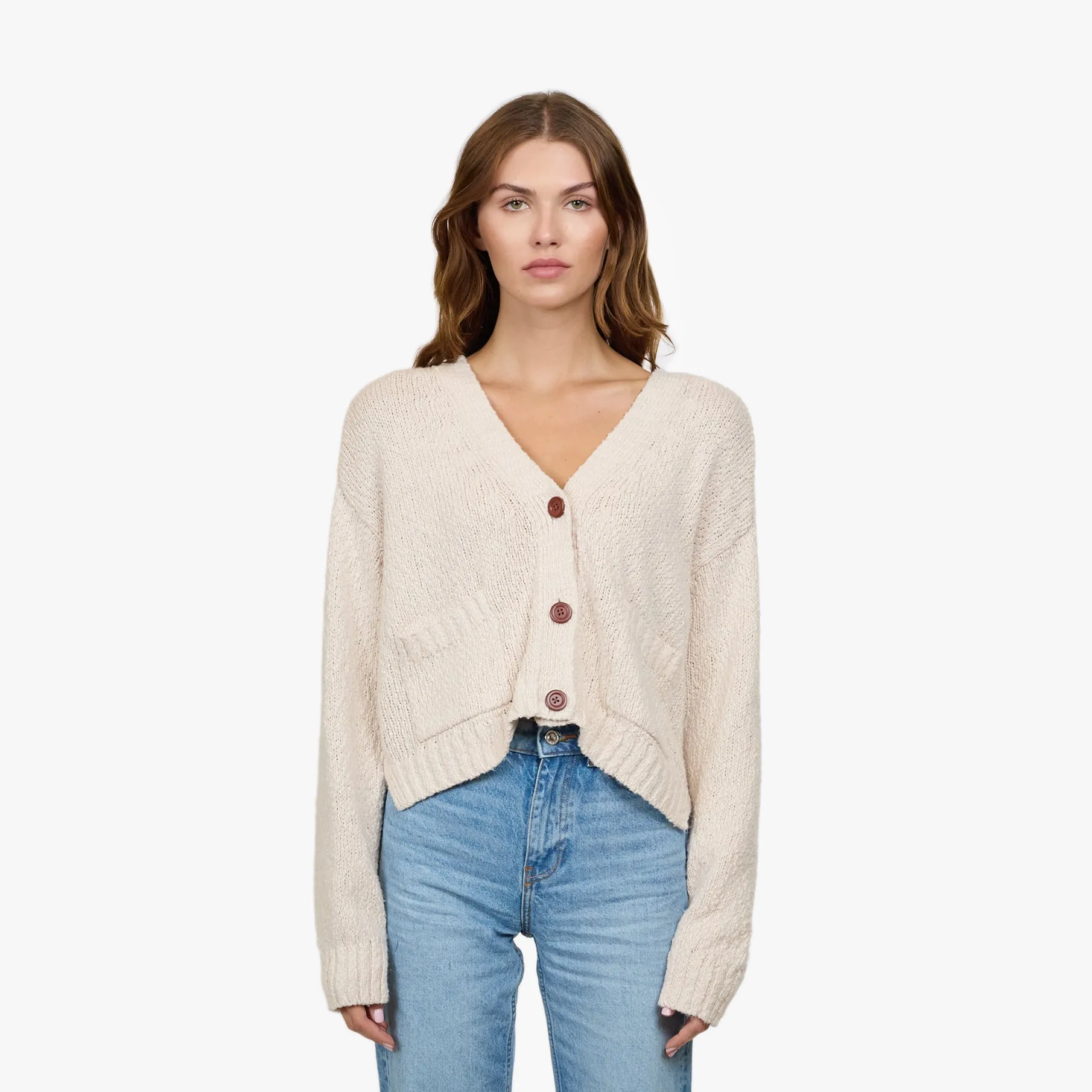 Cropped V Neck Cardigan w/ Pockets in Sand sold by Autumn Cashmere