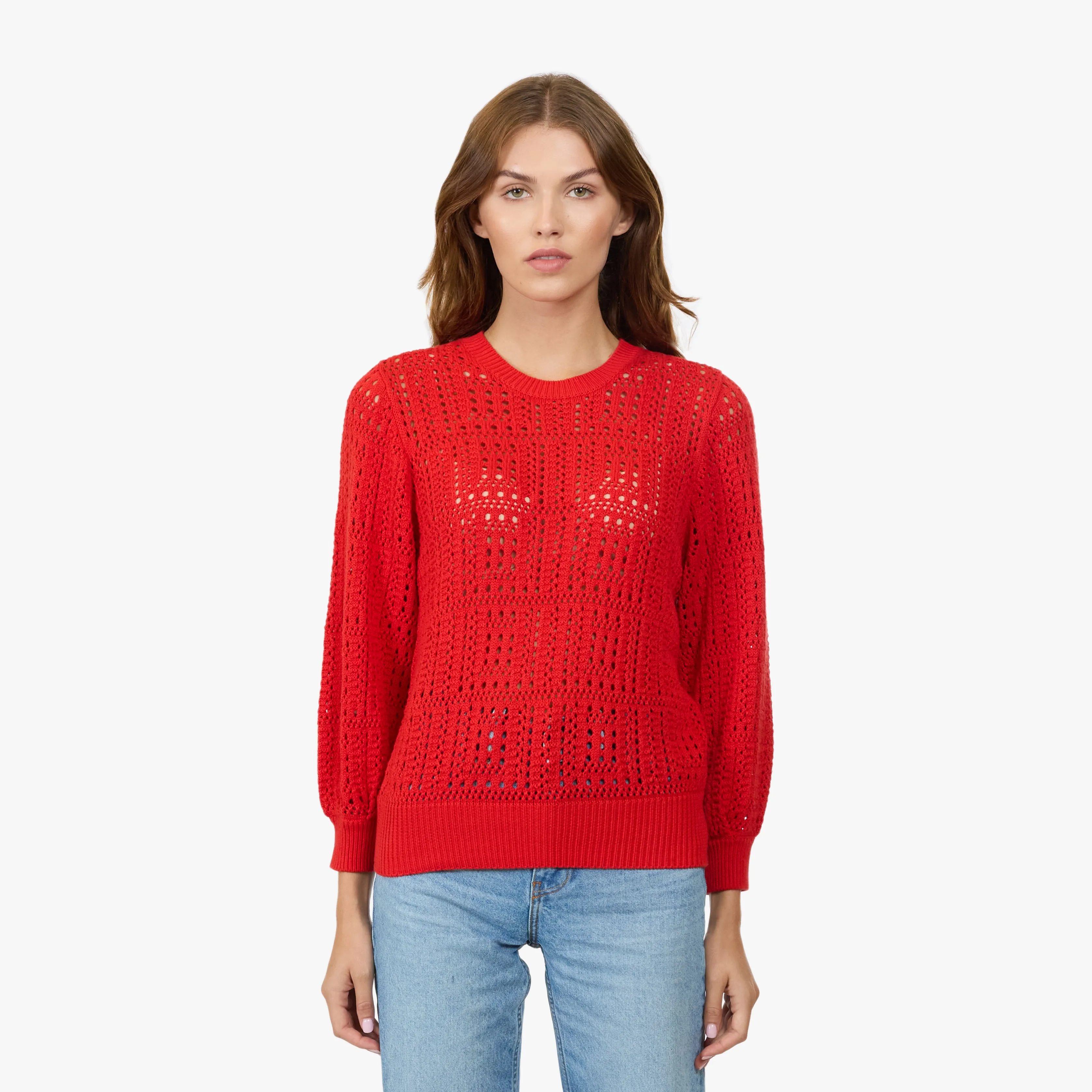 Puff Sleeve Tile Stitch Crew in Pimento sold by Autumn Cashmere