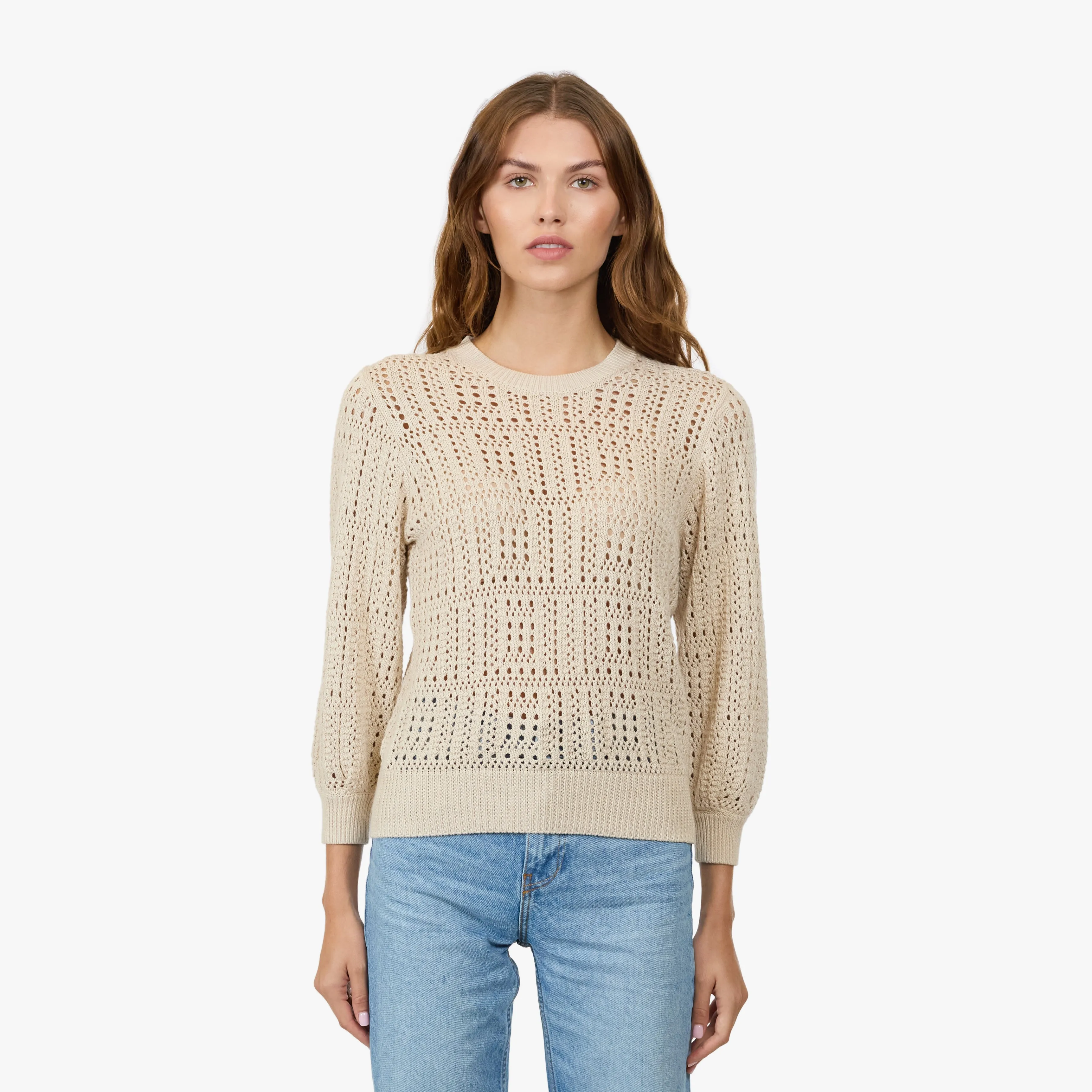 Puff Sleeve Tile Stitch Crew in Natural sold by Autumn Cashmere