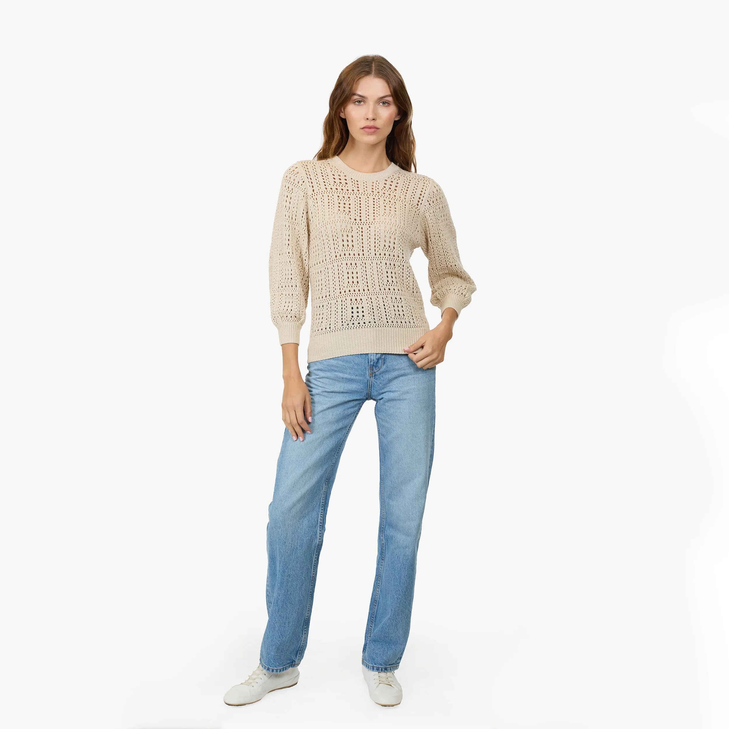Puff Sleeve Tile Stitch Crew in Natural sold by Autumn Cashmere product image thumbnail 2