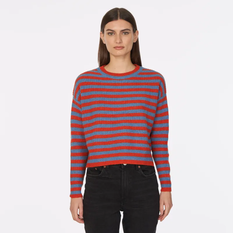 6 Ply Striped Shaker Crew in Mariner/Paprika sold by Autumn Cashmere