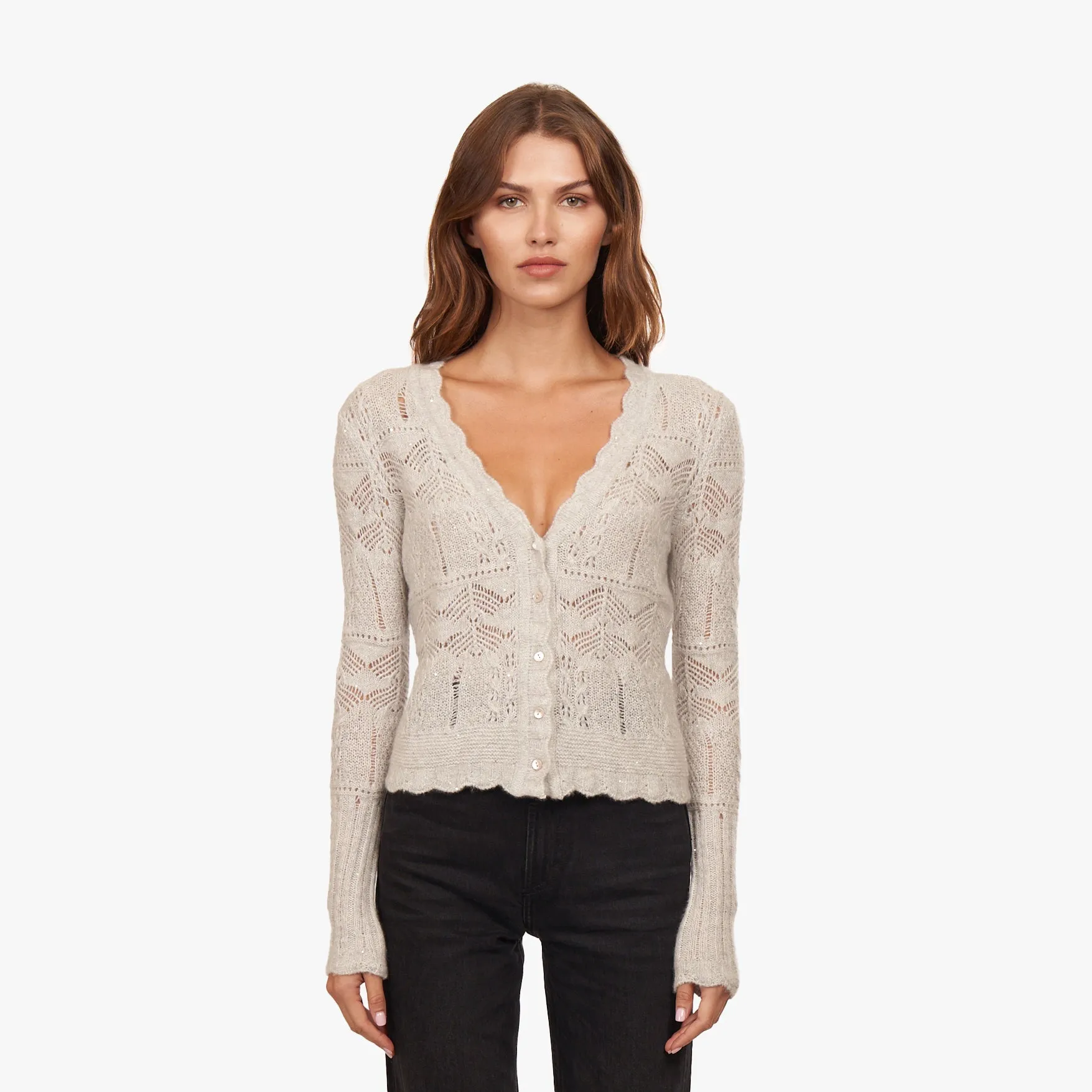 Open Pointelle Sequin V-Neck Cardigan sold by Autumn Cashmere