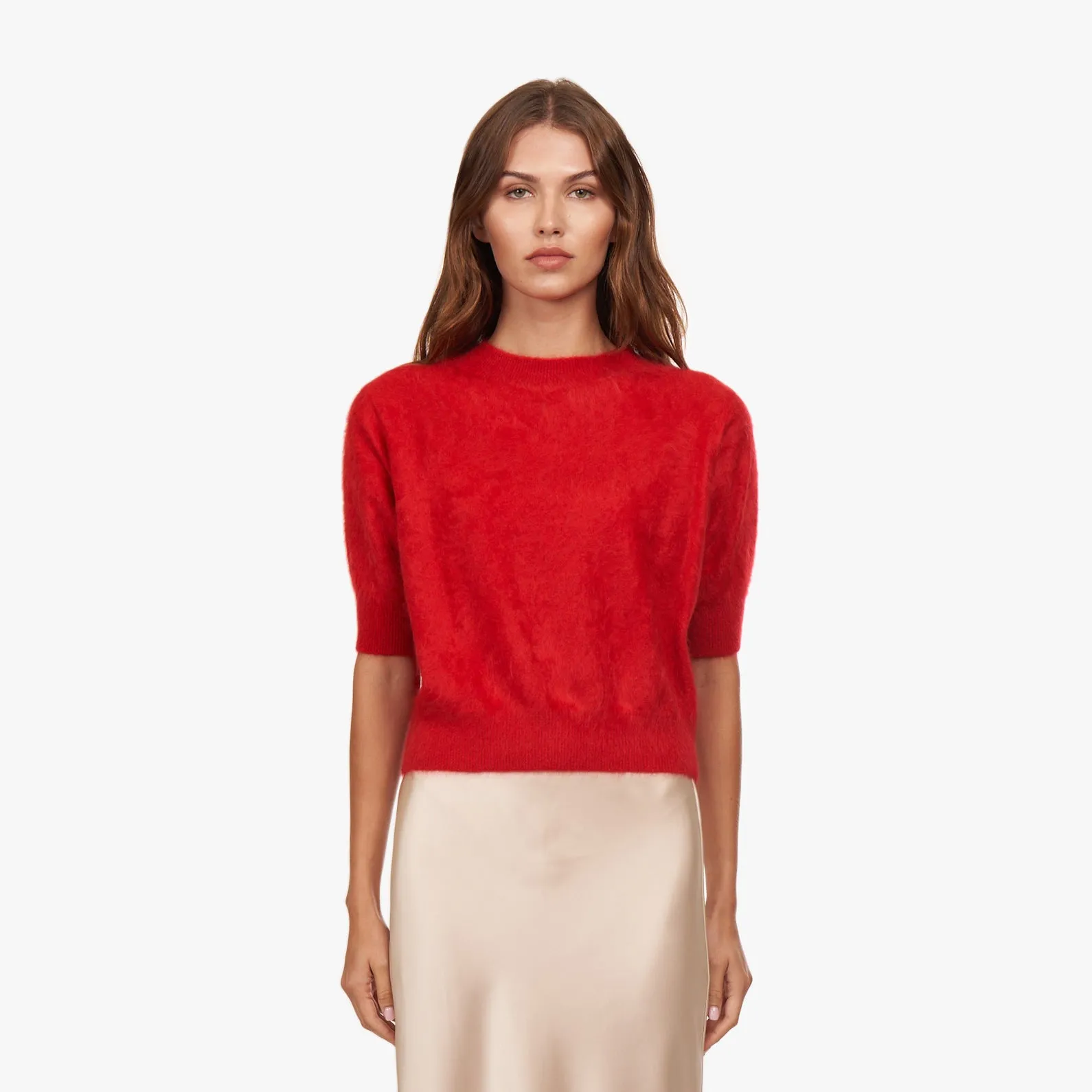 Brushed Elbow Sleeve Boxy Crew in Red Alert sold by Autumn Cashmere