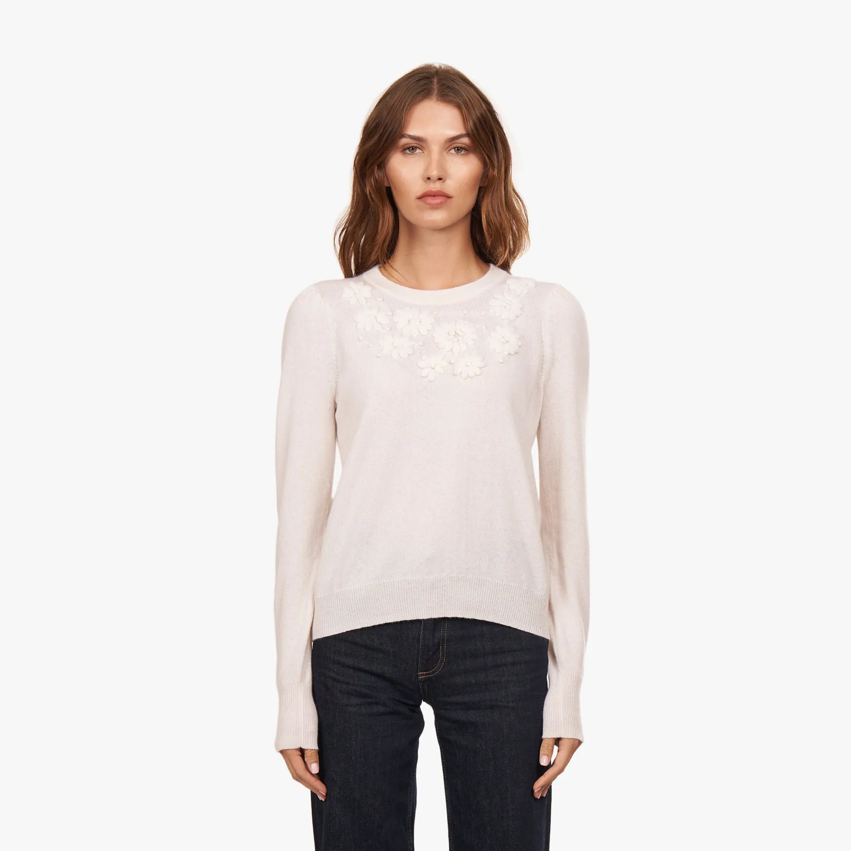 Puff Sleeve Crew W/ Floral Hand Embroidery in Chalk sold by Autumn Cashmere