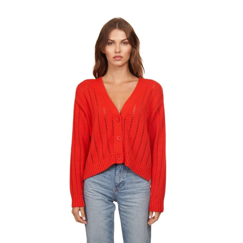 Cropped V-Neck Cardigan w/ Pointelle Ladder Stitch in Apple sold by Autumn Cashmere