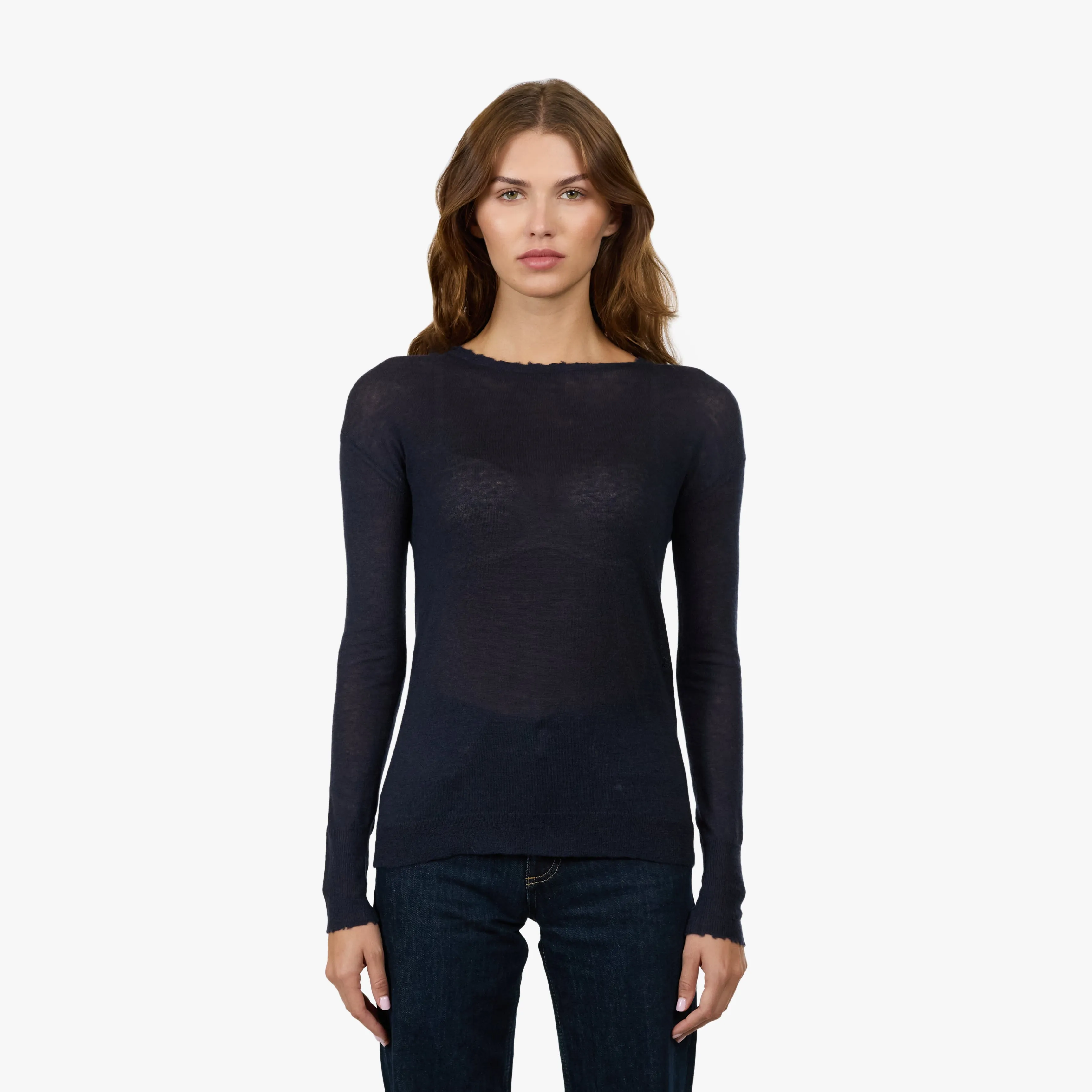 Distressed Sheer Crew in Peacoat sold by Autumn Cashmere