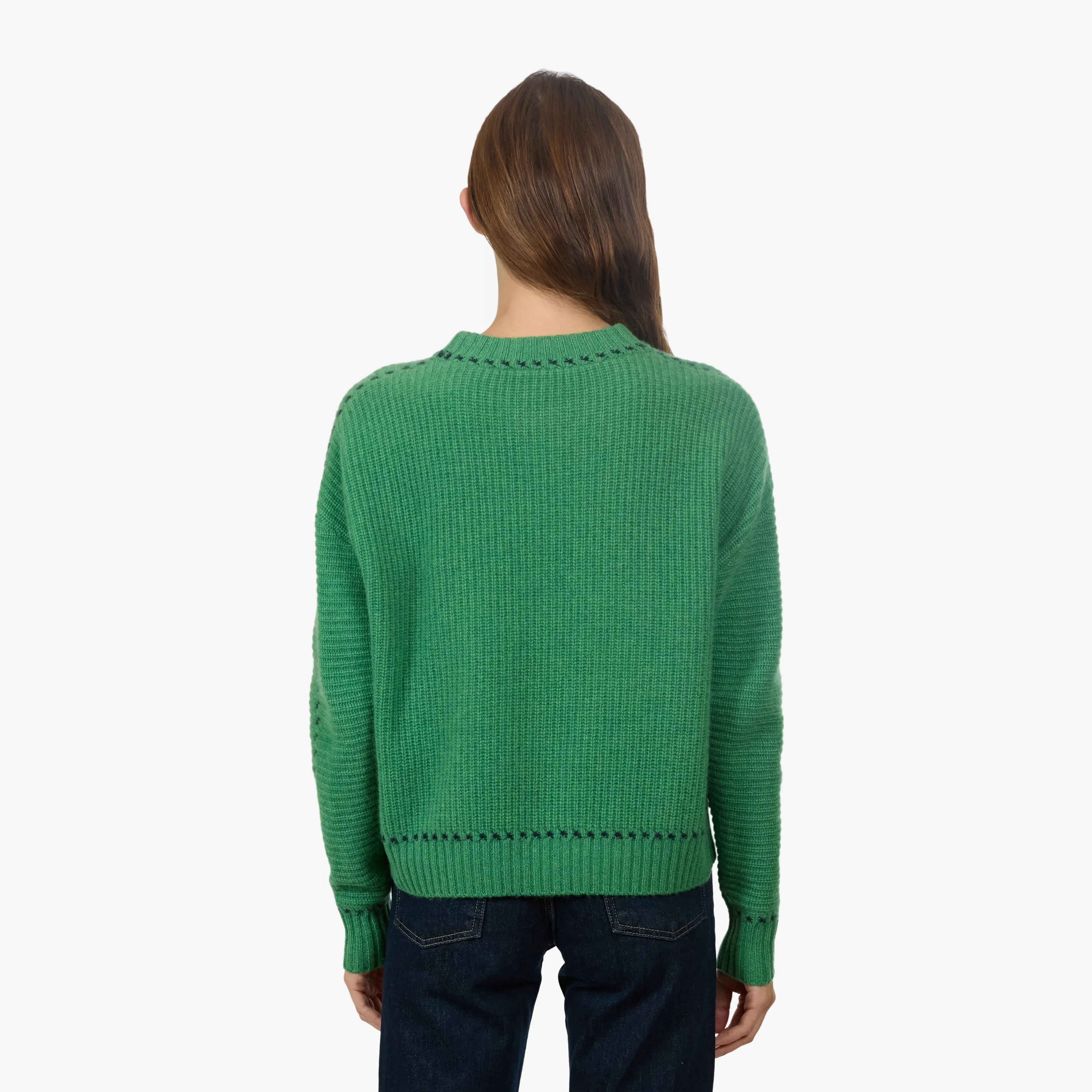 Shaker Crew W/ Contrast Stitch Detail in Foliage/Navy sold by Autumn Cashmere product image thumbnail 3