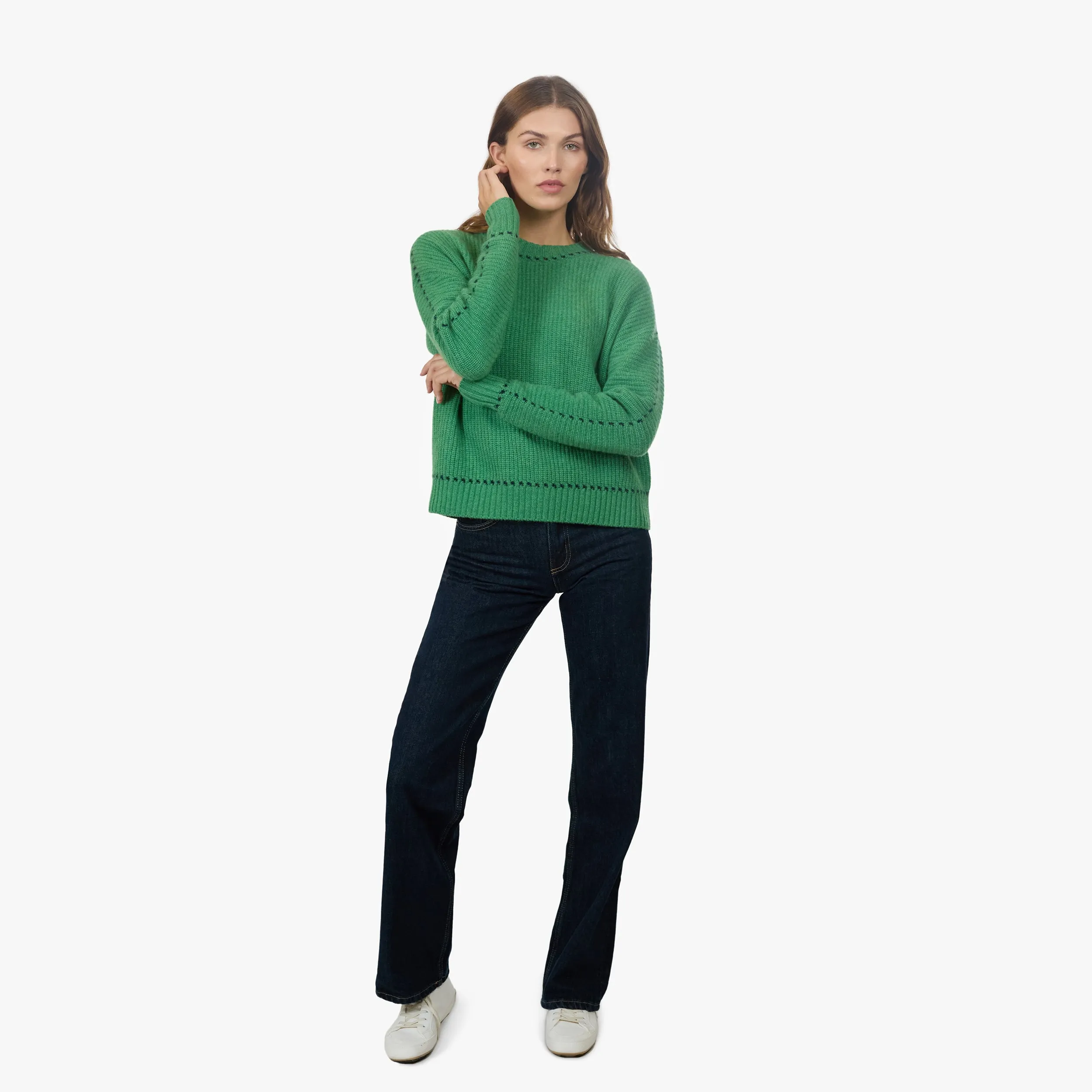 Shaker Crew W/ Contrast Stitch Detail in Foliage/Navy sold by Autumn Cashmere product image thumbnail 2