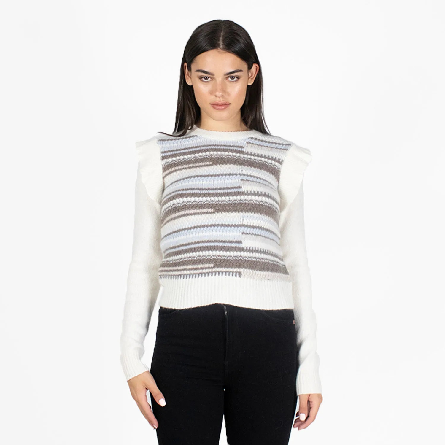 Broken Stitch Crew w/ Shoulder Ruffles sold by Autumn Cashmere
