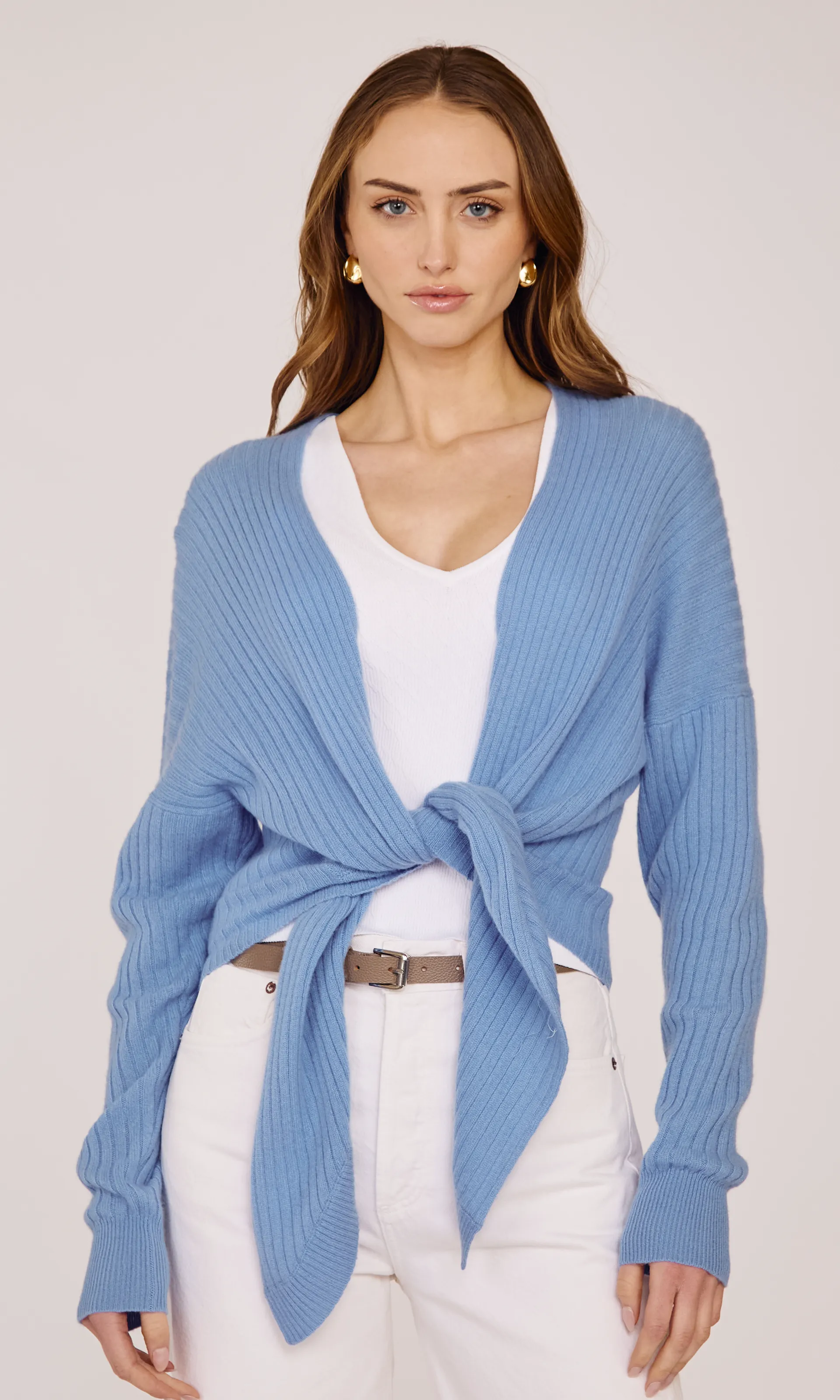 Tie Front Rib Cardigan in Cielo sold by Autumn Cashmere