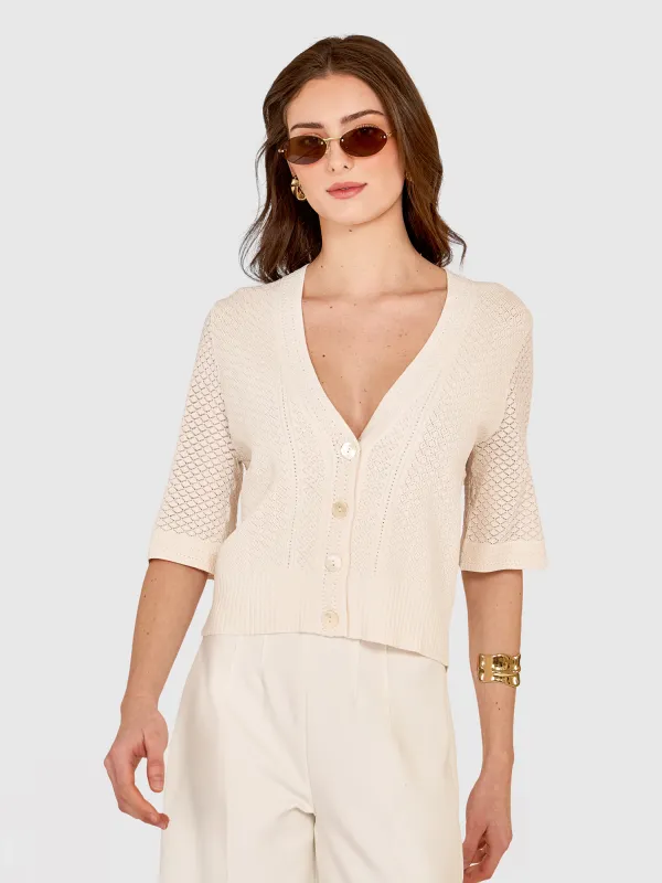 Pointelle V-Neck Cardigan in Sand made by Autumn Cashmere