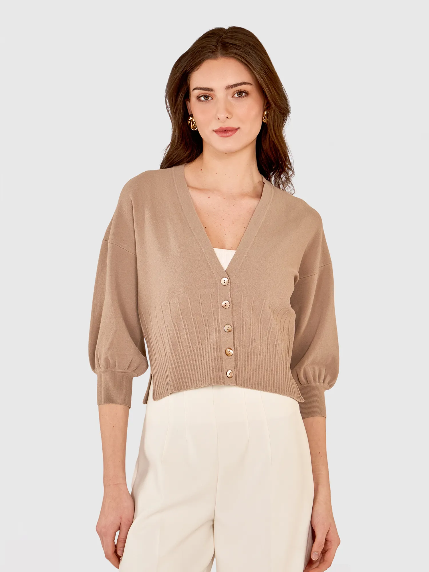 Drop Shoulder Cardigan W/ Ottoman Ribs in Mushroom sold by Autumn Cashmere