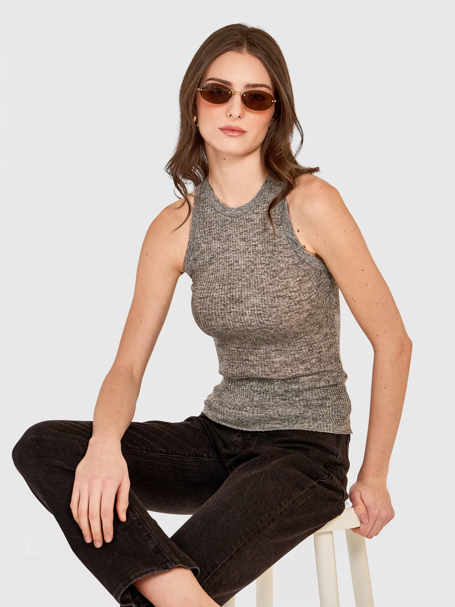 Rib Halter Crew in Stone sold by Autumn Cashmere