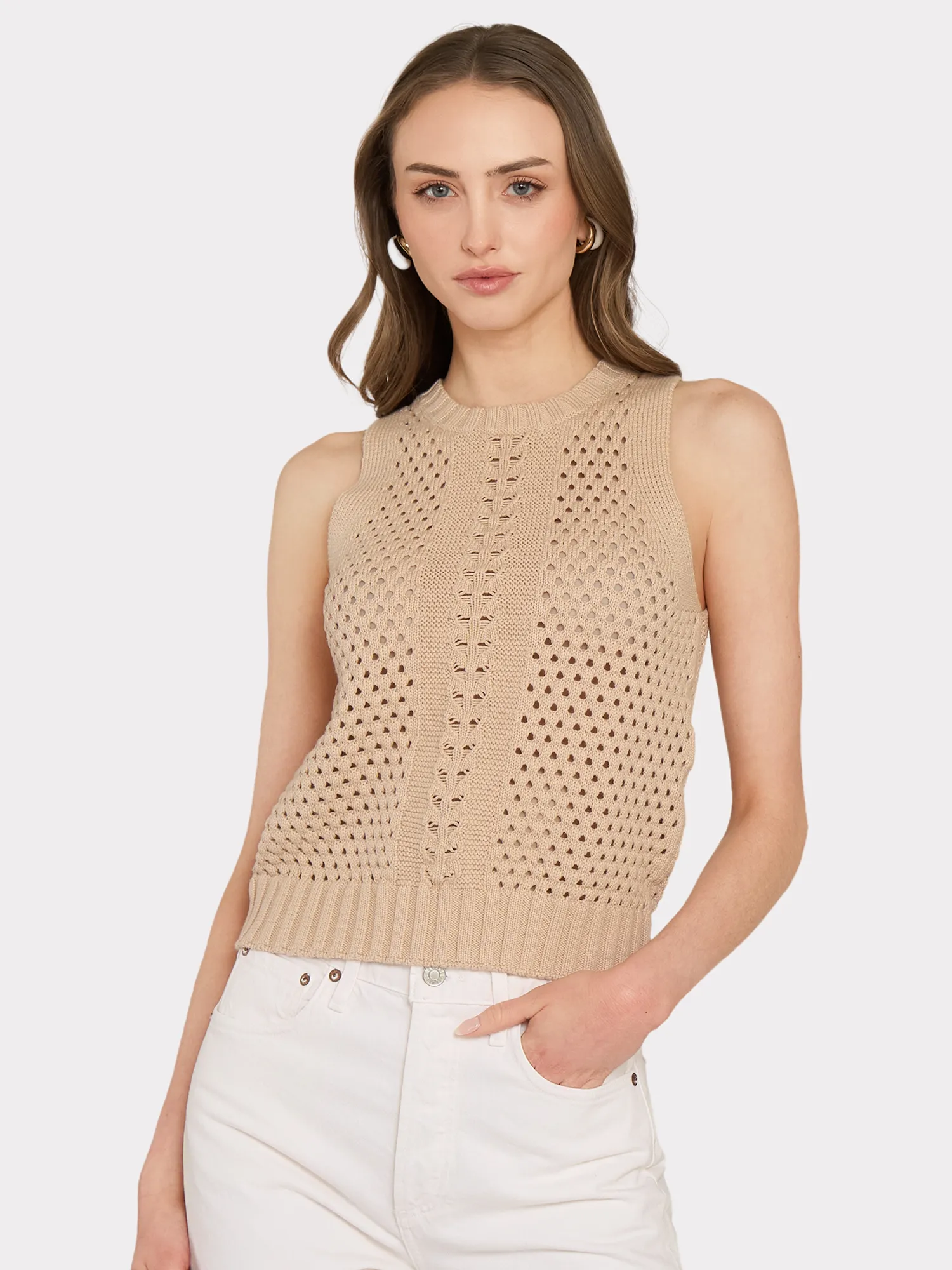 Texture Stitch Halter W/ Front Detail in Latte sold by Autumn Cashmere