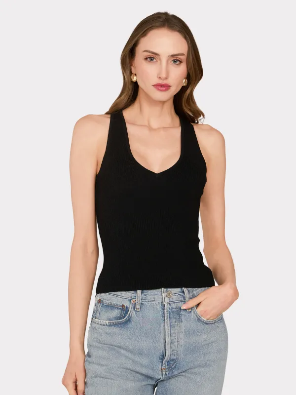 Micro Cabled V-Neck Tank in Black sold by Autumn Cashmere