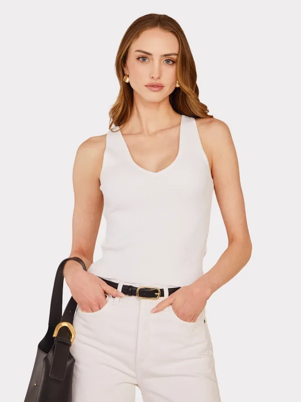 Micro Cabled V-Neck Tank in White sold by Autumn Cashmere